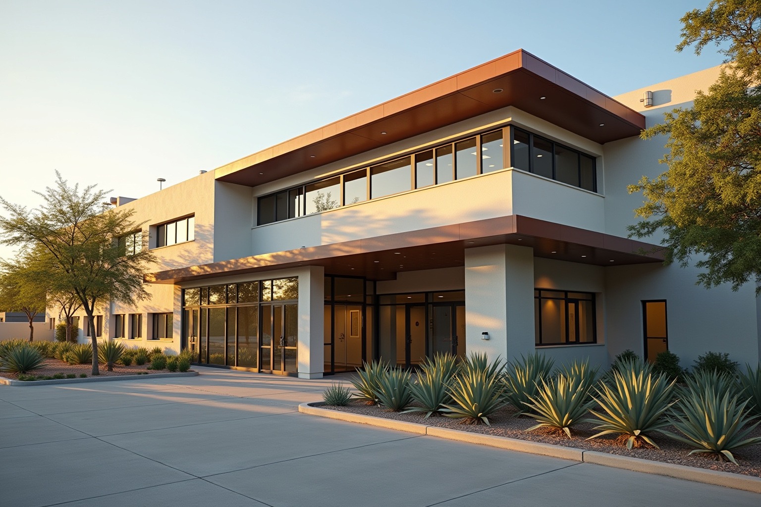 Modern veterinary emergency hospital exterior in Austin Texas with native landscaping, warm afternoon sunlight, professional and welcoming entrance