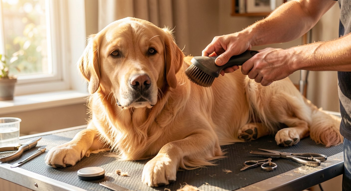 How to Groom Your Dog at Home: Complete Beginner's Guide 2 Golden Retriever being gently brushed on a grooming table at home
