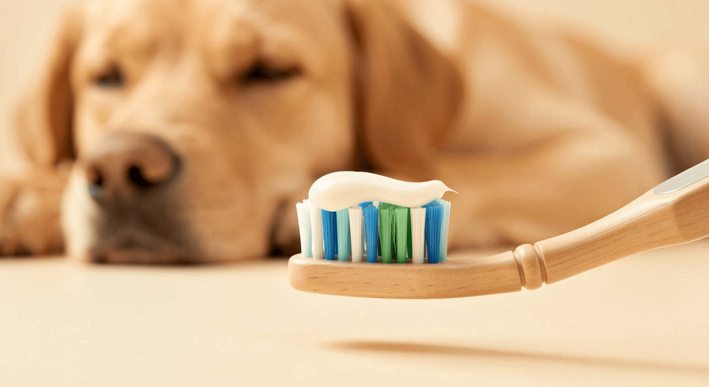 Dog Dental Care: Complete Teeth Cleaning Guide 2 Close-up of a dog toothbrush with dog-safe toothpaste, happy dog visible in soft-focus background