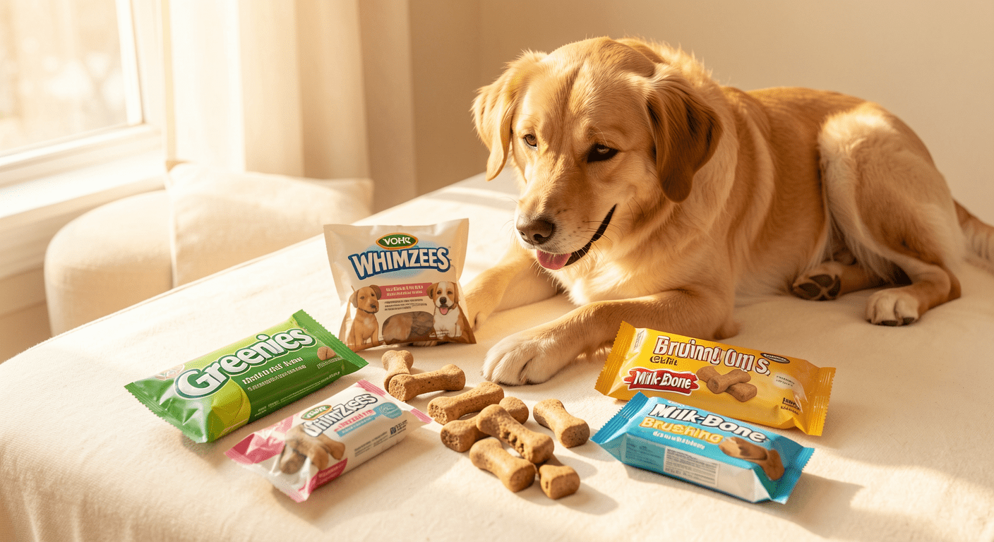 Dog Dental Care: Complete Teeth Cleaning Guide 3 Assortment of VOHC-accepted dental chews including Greenies and WHIMZEES with a medium-sized dog