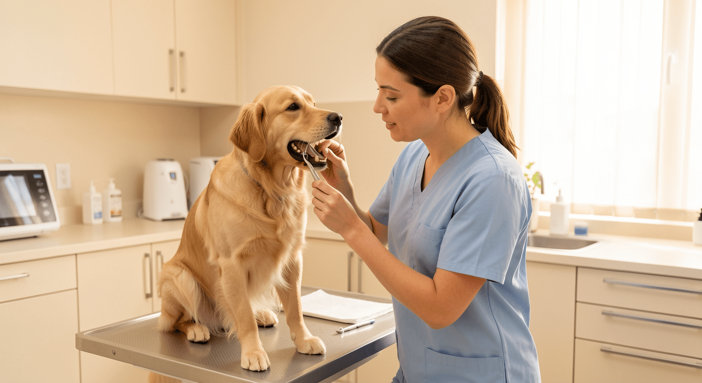 Dog Dental Care: Complete Teeth Cleaning Guide 4 Veterinarian in scrubs examining a calm dog's teeth during a checkup, clean clinic environment