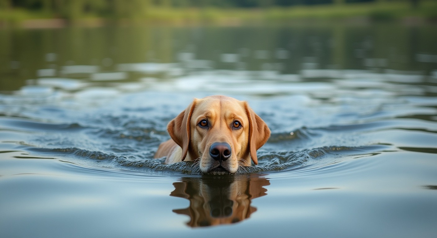 Labrador retriever swimming in calm lake water for gentle exercise and rehabilitation
