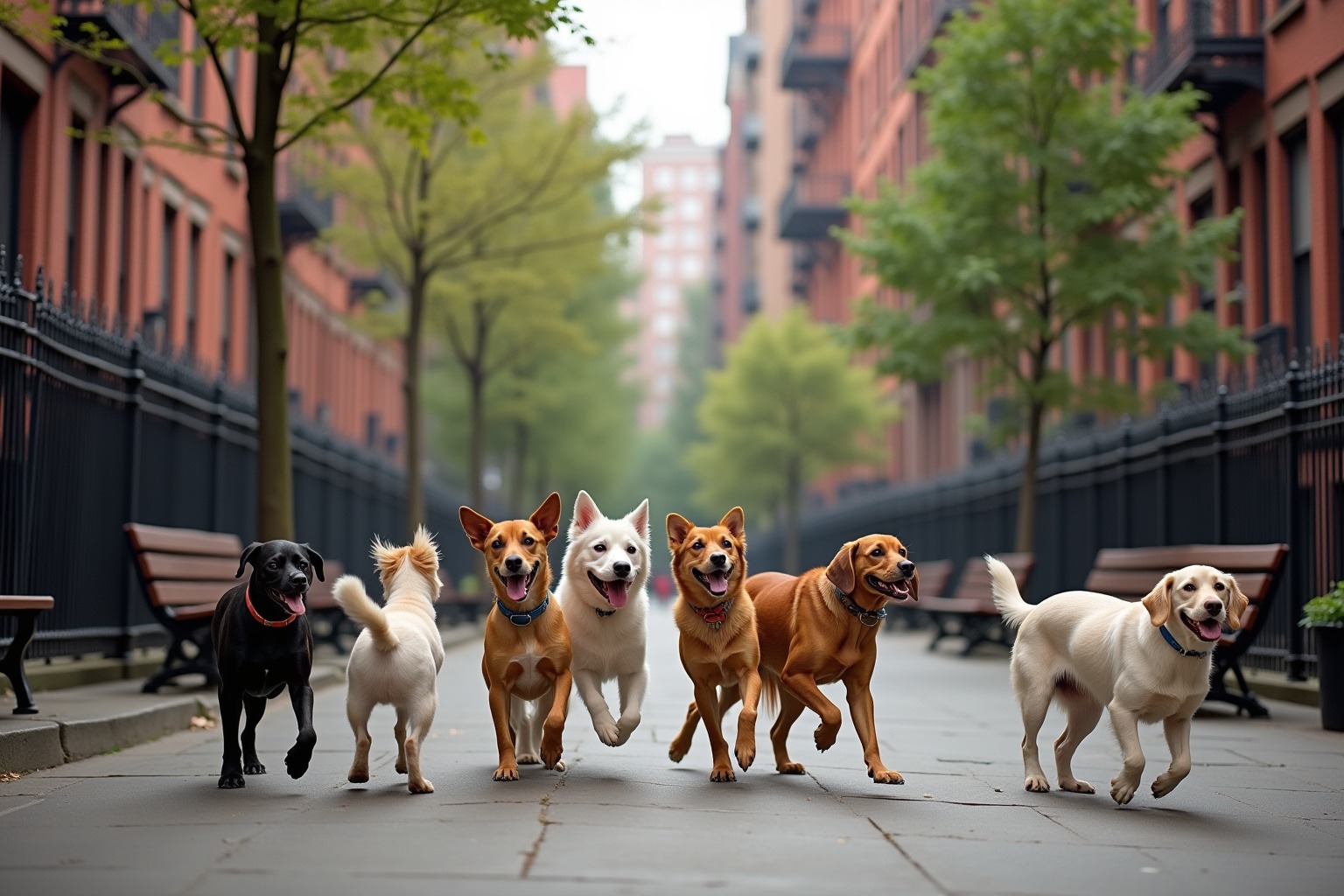 Best Dog Parks in New York City: Off-Leash Areas, Trails & Tips 2026 2 Diverse dogs playing in fenced NYC dog run with Manhattan brownstone buildings, morning light