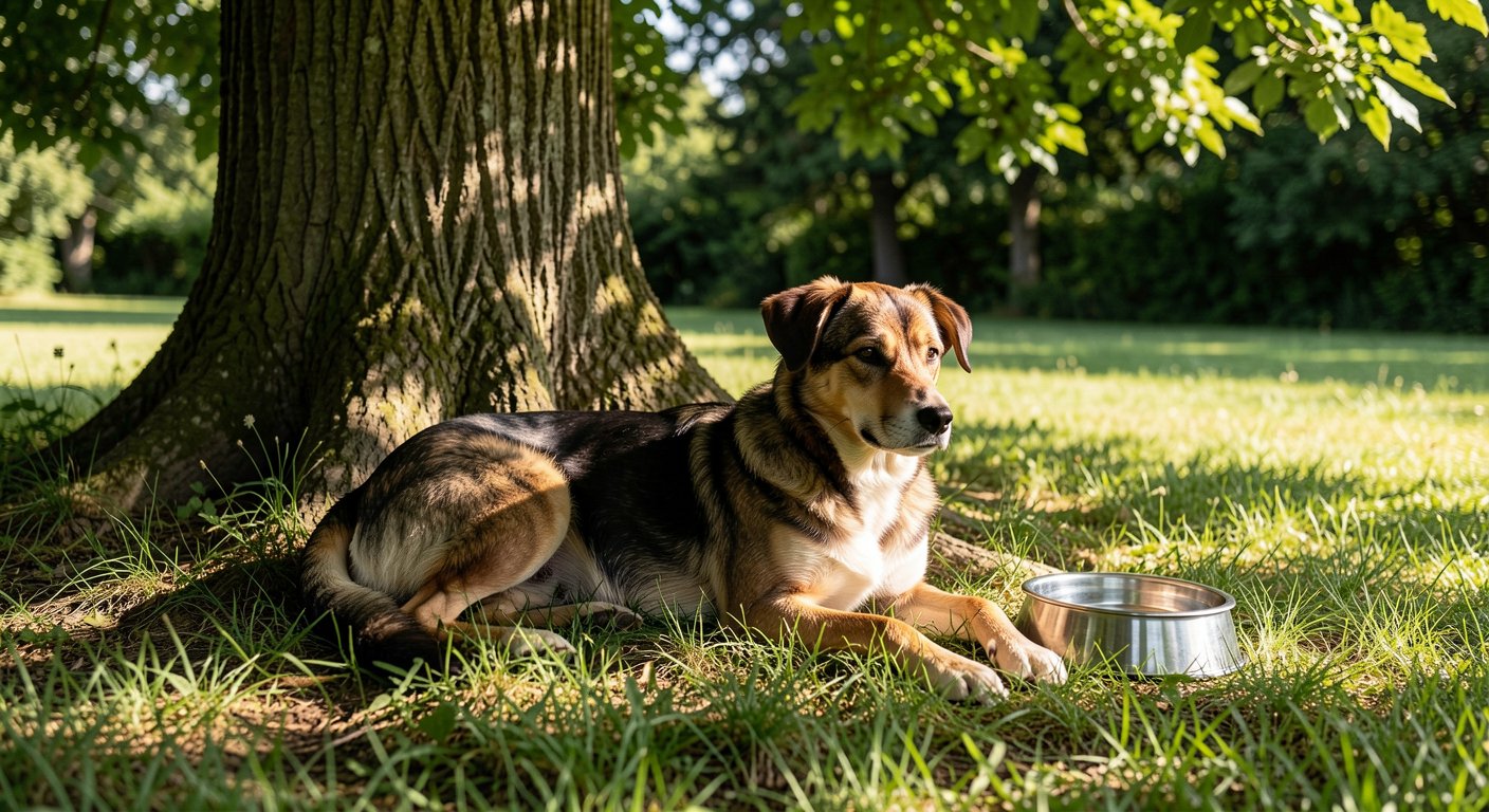 Dog Heatstroke: Signs, Prevention, and Emergency Response 4 Dog resting in shade with water on hot summer day