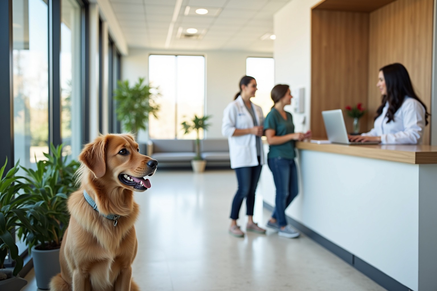 Modern veterinary clinic reception area with dog parent at counter, clean bright space, indoor plants, professional and welcoming Austin environment