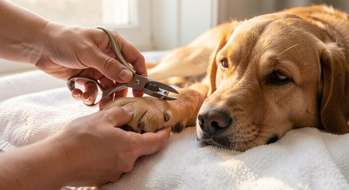 How to Groom Your Dog at Home: Complete Beginner's Guide 3 Close-up of a person gently holding a dog paw preparing to trim nails at home