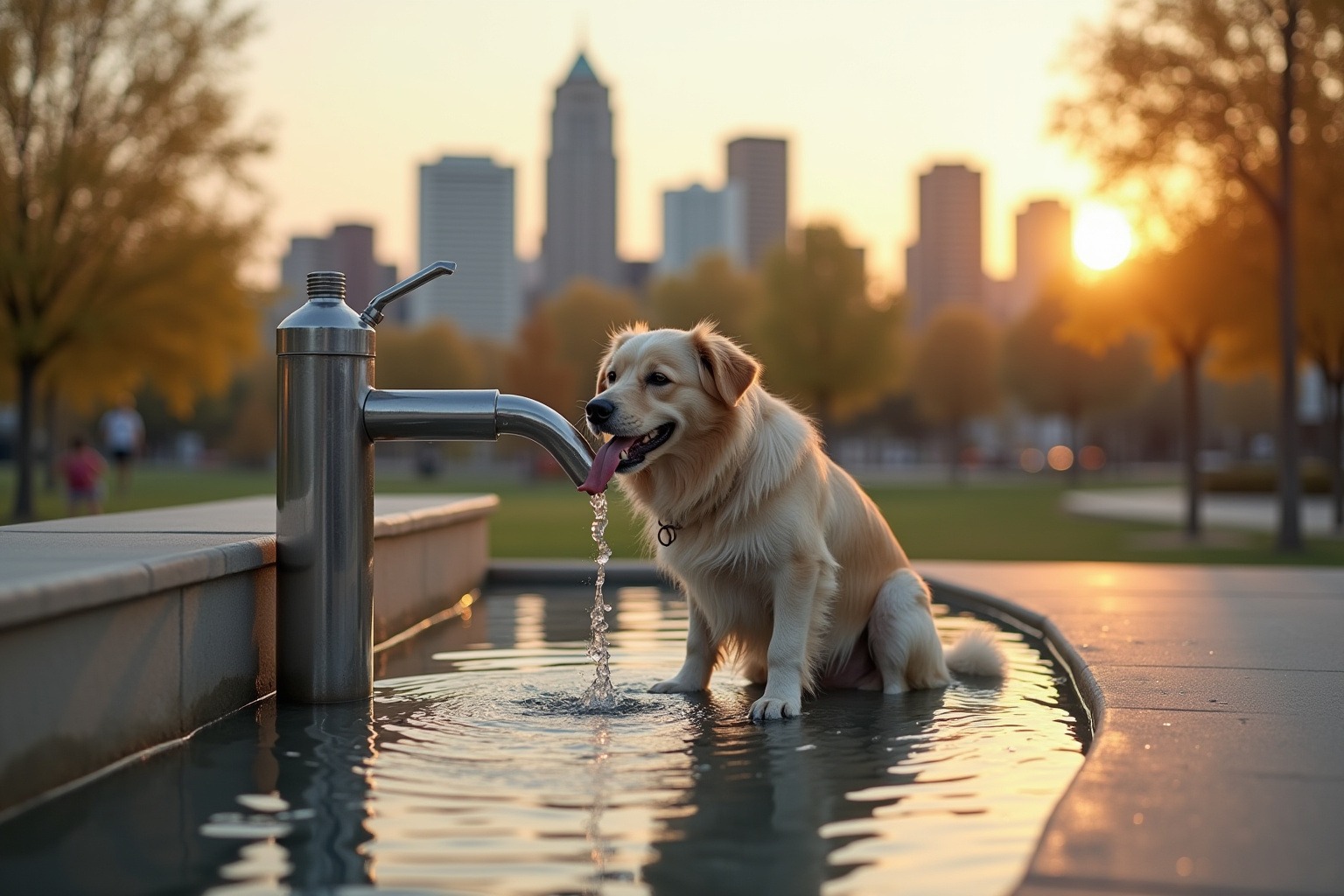 Best Dog Parks in Denver: Off-Leash Areas, Trails & Tips 2026 4 Dog drinking from water fountain at Railyard Dog Park with Denver skyline in evening light
