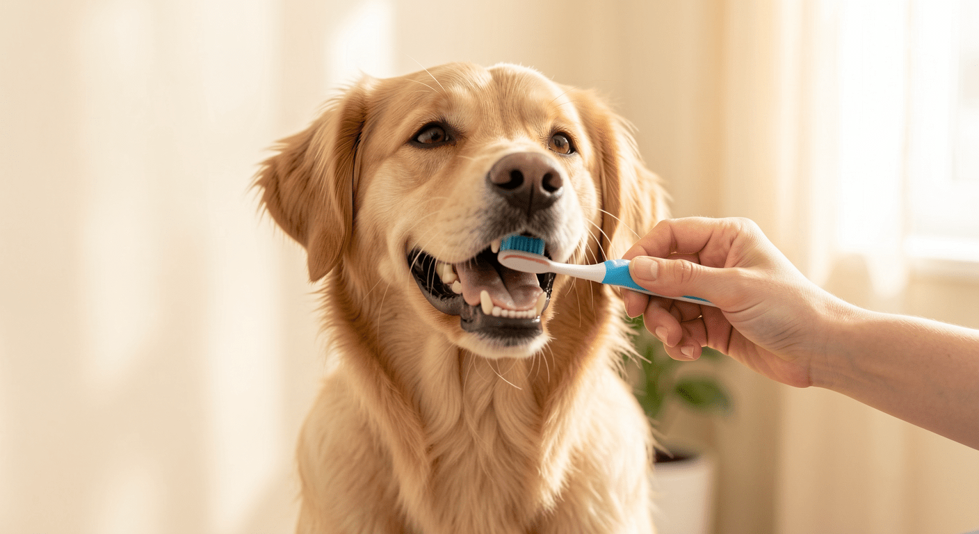 Happy dog getting teeth brushed by owner in a bright, warm-lit room with soft natural lighting