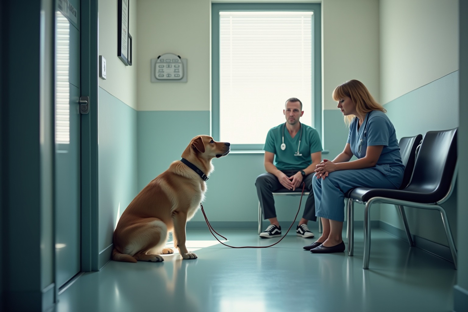 Emergency Vet Portland: 24/7 Animal Hospitals & Urgent Care Guide 3 Veterinary emergency waiting room with a concerned dog owner sitting with their calm dog on a leash
