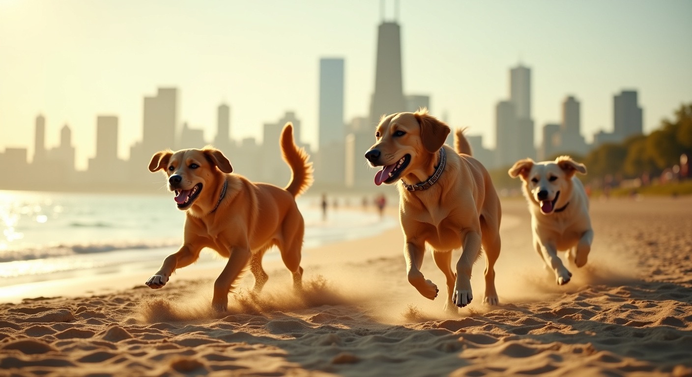Dogs playing on the sandy shore of Montrose Dog Beach with the Chicago skyline visible across Lake Michigan during golden hour