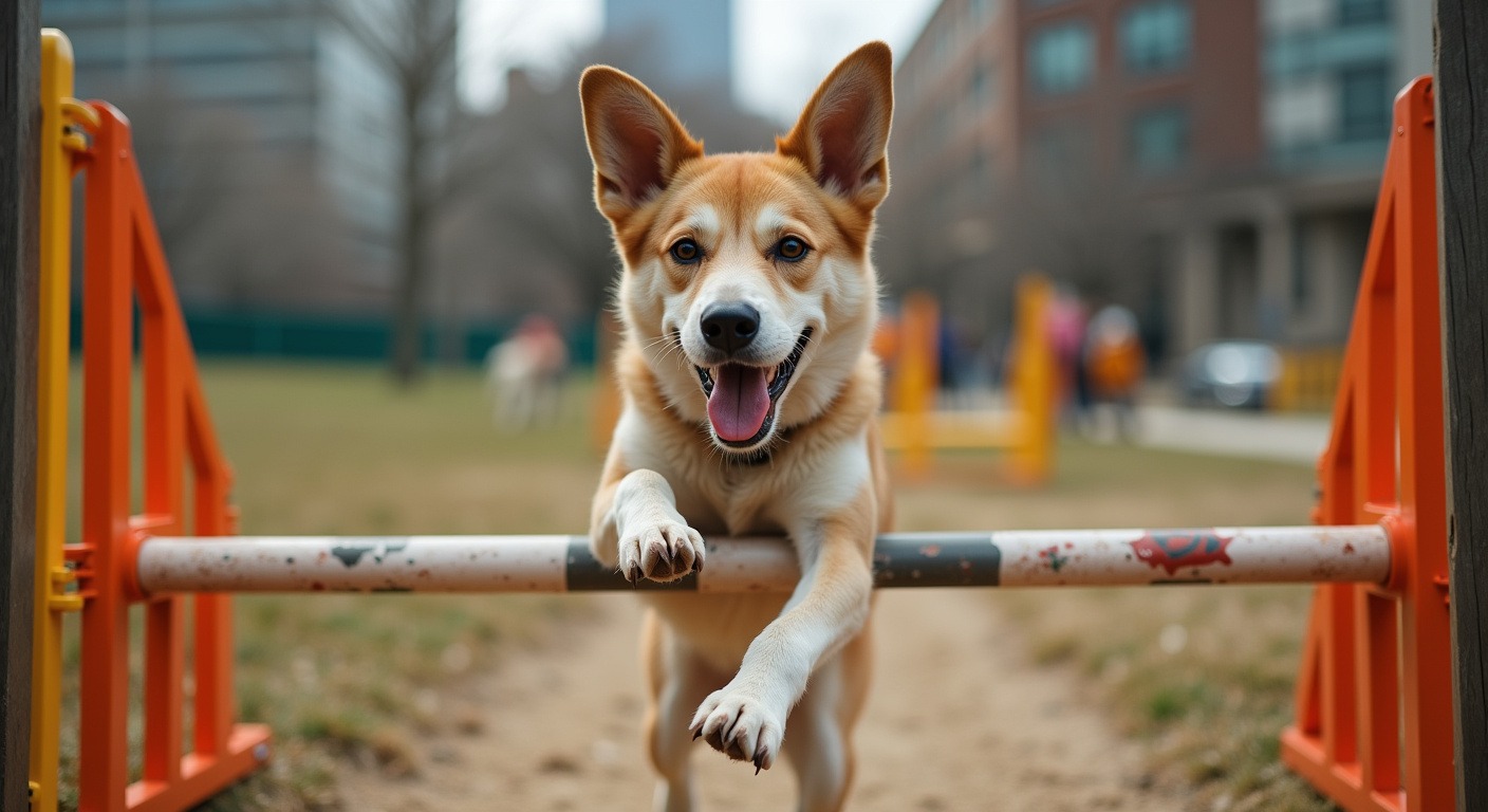 Athletic dog navigating agility obstacles at Jackson Bark community-built dog park in Chicago