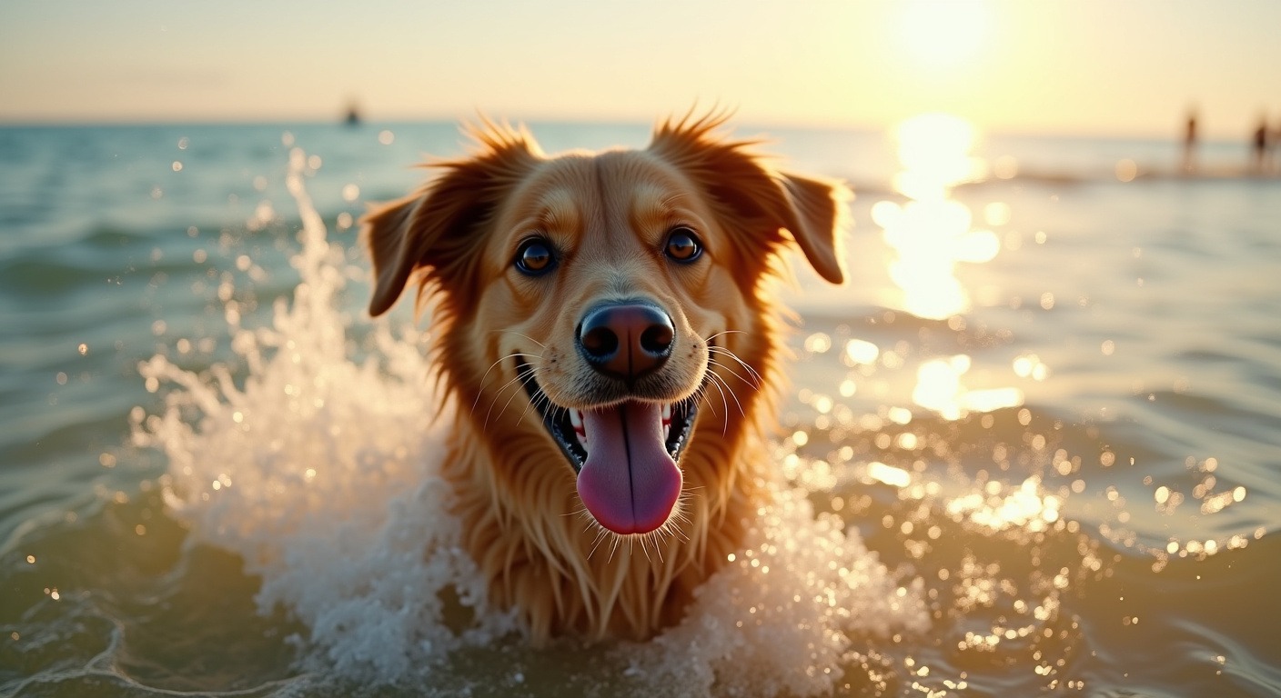 Happy dog splashing in Lake Michigan at Montrose Dog Beach with water droplets sparkling in golden hour sunlight