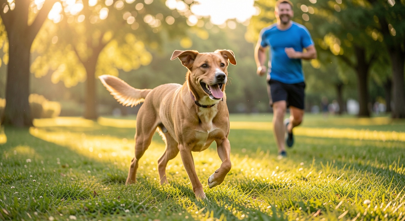 Healthy dog running in park at ideal weight