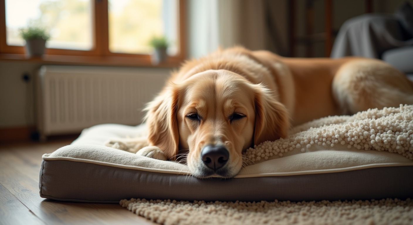 Senior golden retriever resting on orthopedic memory foam dog bed in cozy sunlit living room