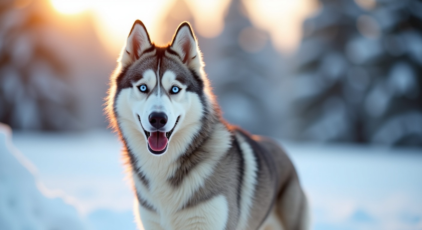 Beautiful Siberian Husky standing in snowy winter landscape with pine trees and golden hour light