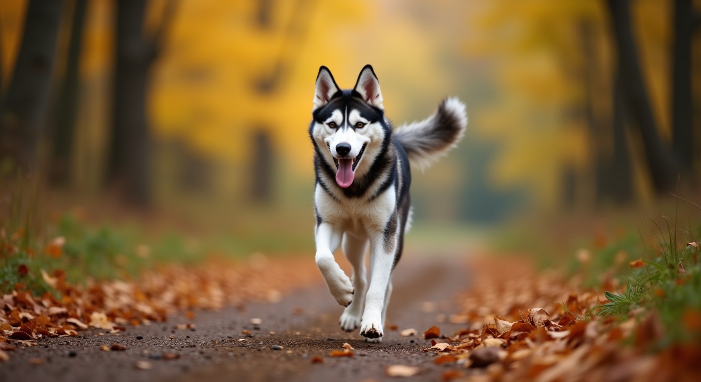 Siberian Husky running joyfully on a forest trail with dappled sunlight
